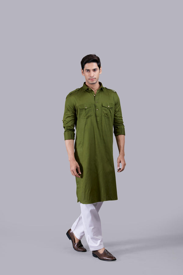 B More MEHNDI GREEN COTTON SILK PATHANI KURTA SET