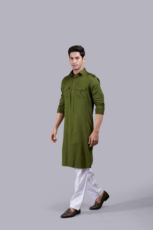 B More MEHNDI GREEN COTTON SILK PATHANI KURTA SET