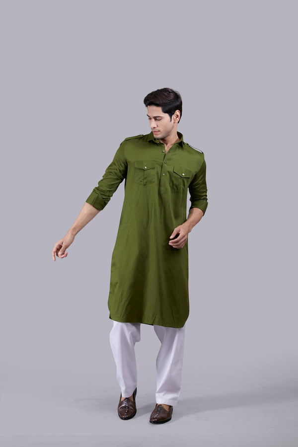 b more MEHNDI GREEN COTTON SILK PATHANI KURTA SET
