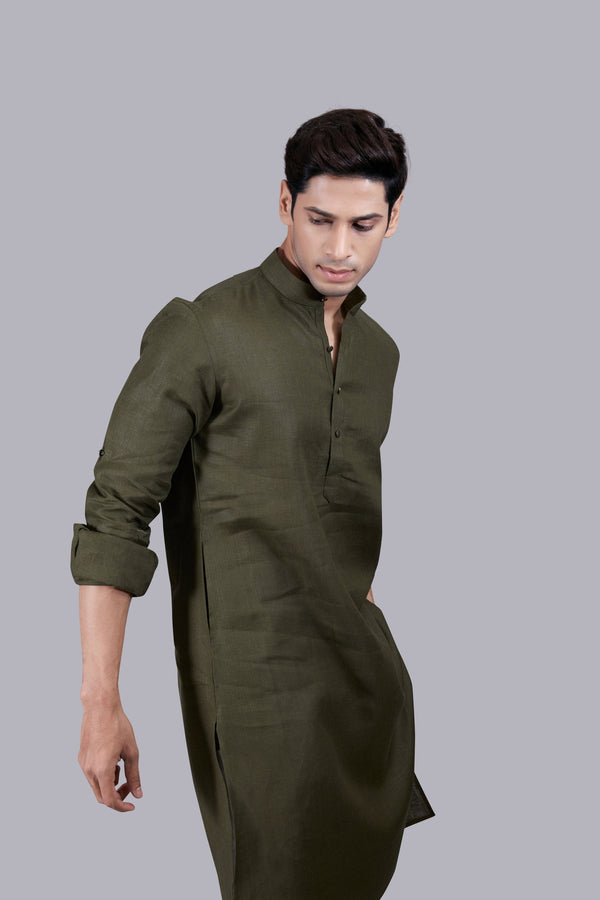 B More MEHNDI GREEN LINEN KURTA SET