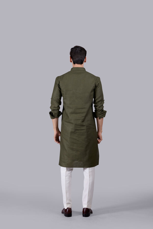 B More MEHNDI GREEN LINEN KURTA SET