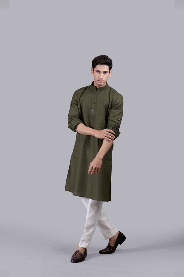 B More MEHNDI GREEN LINEN KURTA SET