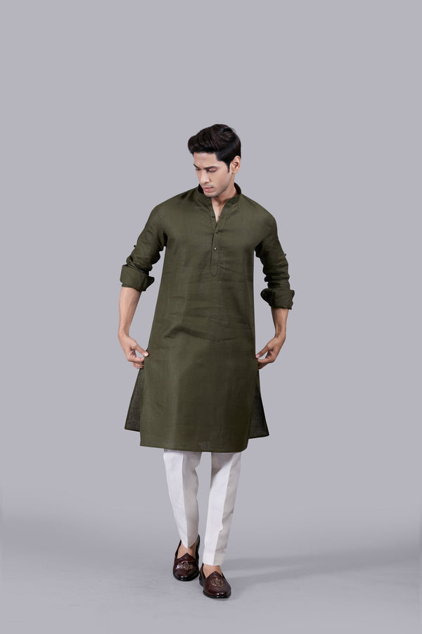 b more MEHNDI GREEN LINEN KURTA SET