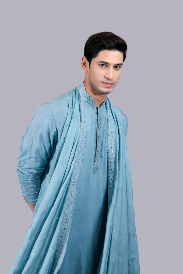B More MINT BLUE PURE SILK THREAD WORK KURTA SET