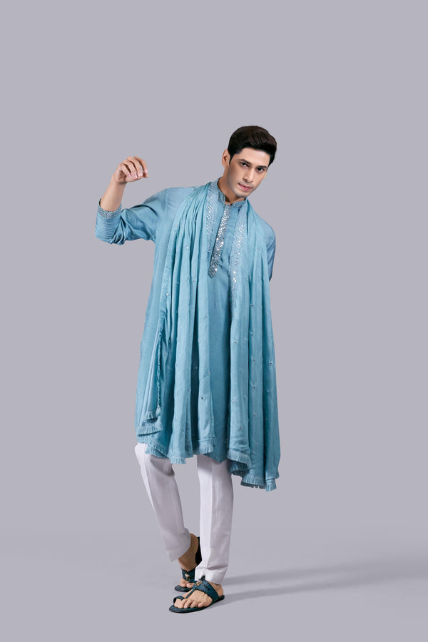 B More MINT BLUE PURE SILK THREAD WORK KURTA SET