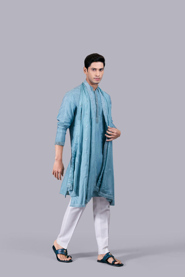 b more MINT BLUE PURE SILK THREAD WORK KURTA SET