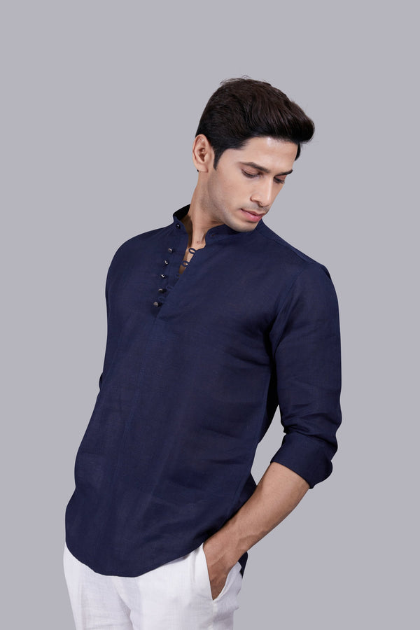 B More NAVY BLUE LINEN PLAIN KURTA SET