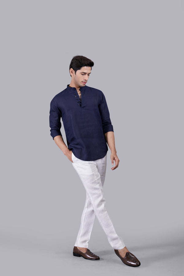 B More NAVY BLUE LINEN PLAIN KURTA SET