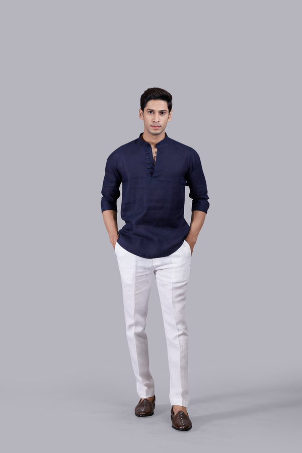 b more NAVY BLUE LINEN PLAIN KURTA SET