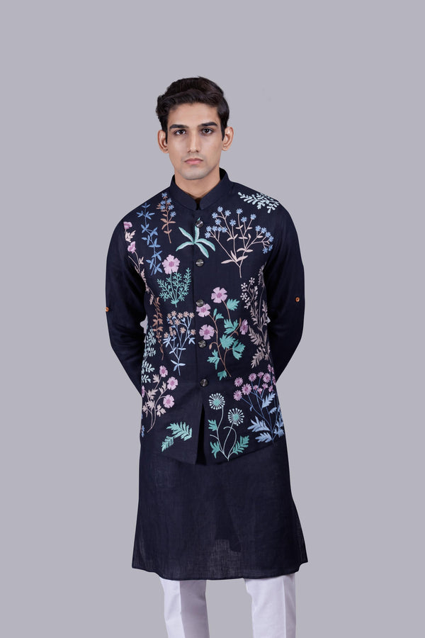 B More NAVY BLUE LINEN THREAD WORK BUNDI SET