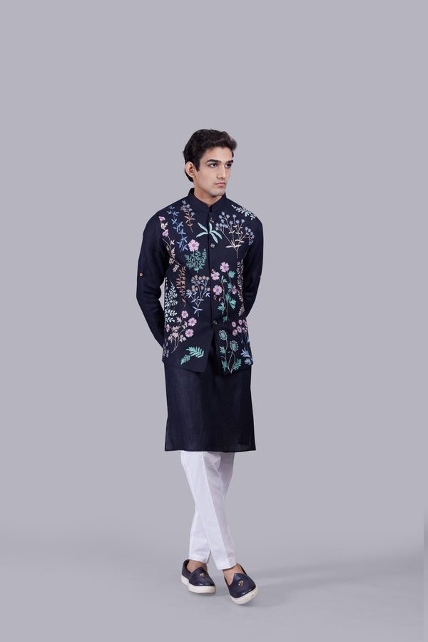 B More NAVY BLUE LINEN THREAD WORK BUNDI SET