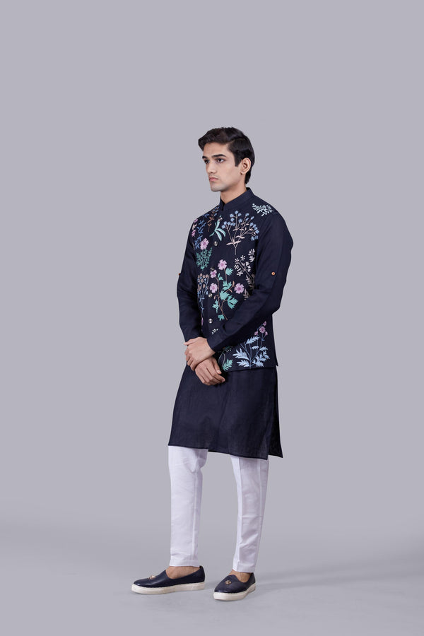 B More NAVY BLUE LINEN THREAD WORK BUNDI SET