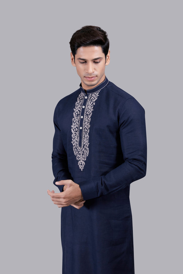 B More NAVY BLUE LINEN THREAD WORK KURTA SET
