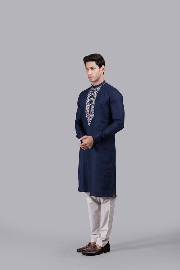 B More NAVY BLUE LINEN THREAD WORK KURTA SET