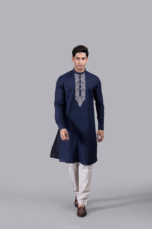 b more NAVY BLUE LINEN THREAD WORK KURTA SET
