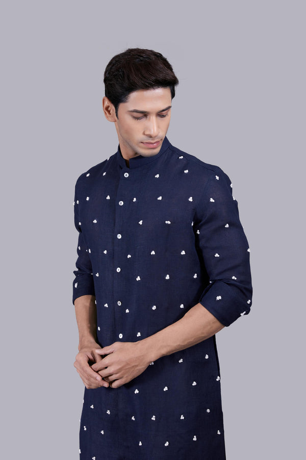 B More NAVY BLUE PURE LINEN THREAD WORK KURTA SET