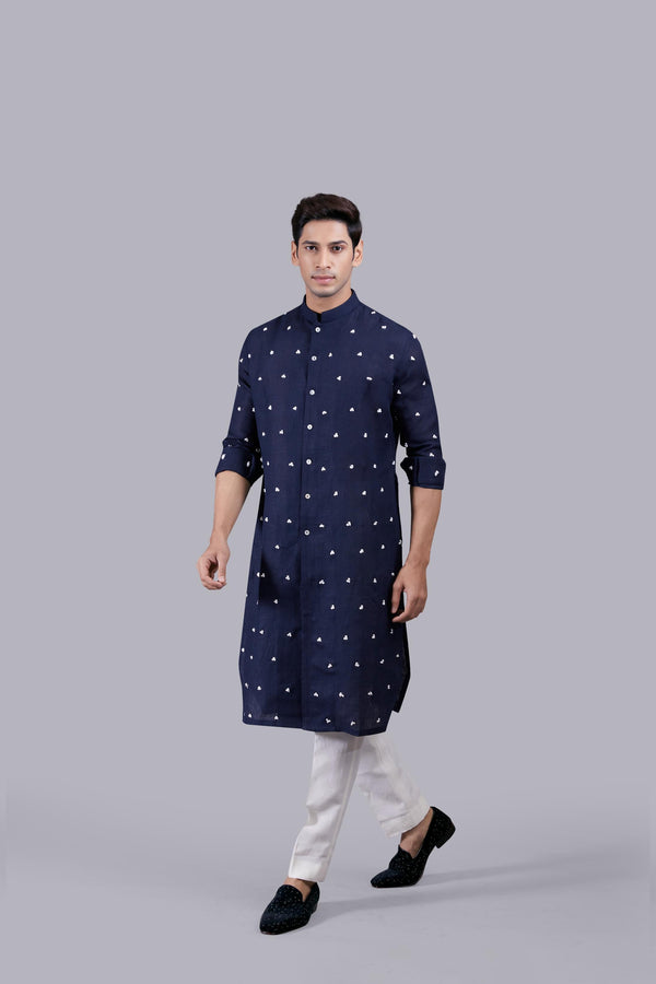 B More NAVY BLUE PURE LINEN THREAD WORK KURTA SET