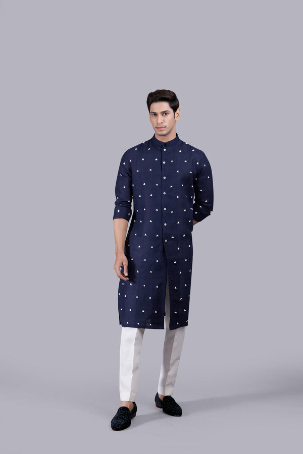 b more NAVY BLUE PURE LINEN THREAD WORK KURTA SET