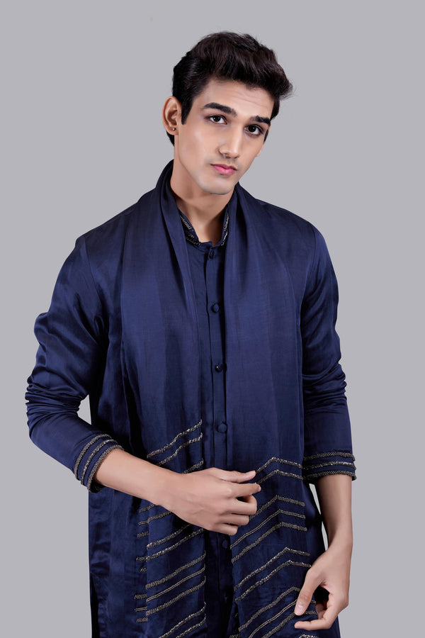 B More NAVY BLUE PURE SILK THREAD WORK KURTA SET