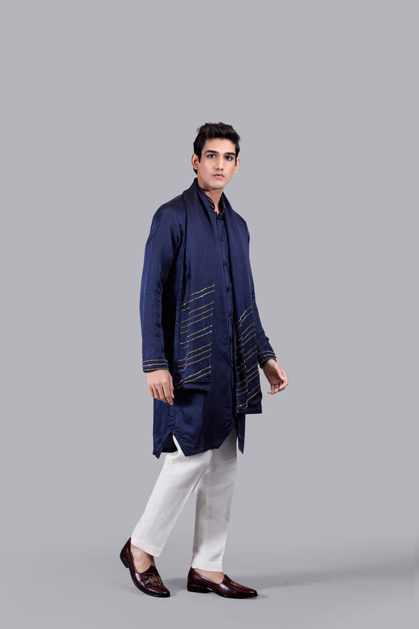 B More NAVY BLUE PURE SILK THREAD WORK KURTA SET