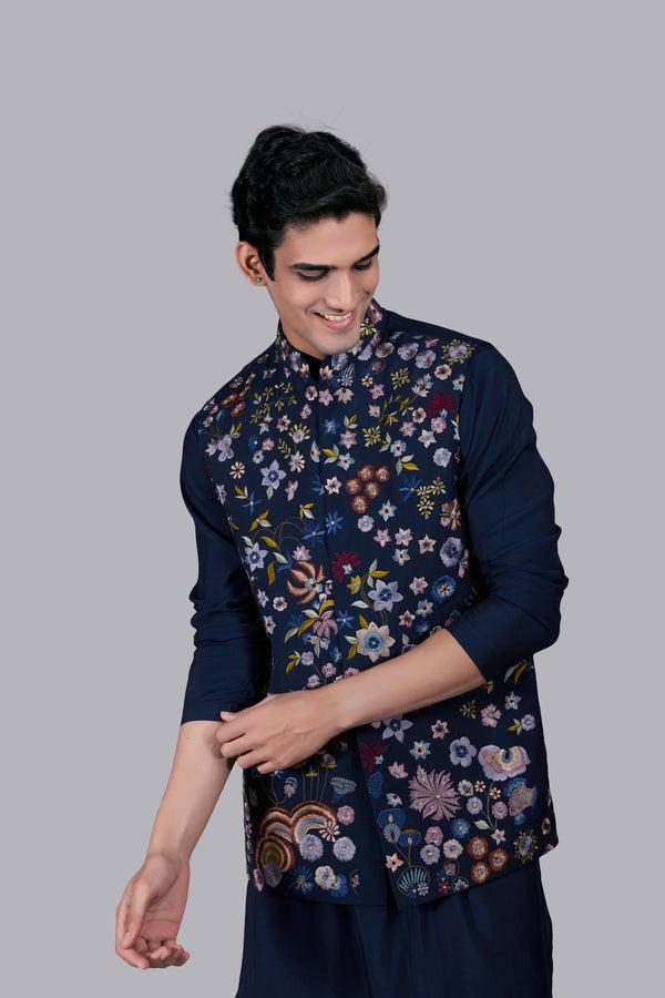 B More NAVY BLUE SILK EMBROIDERY WORK BUNDI SET