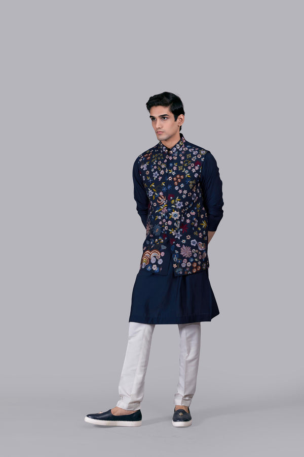 B More NAVY BLUE SILK EMBROIDERY WORK BUNDI SET