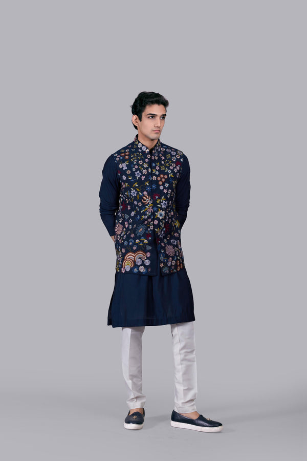 B More NAVY BLUE SILK EMBROIDERY WORK BUNDI SET