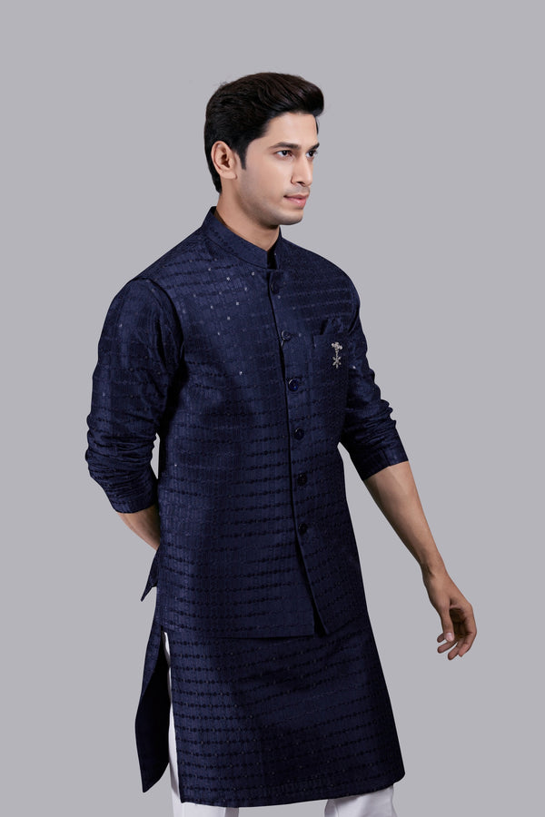 B More NAVY BLUE SILK SEQUENCE WORK BUNDI SET
