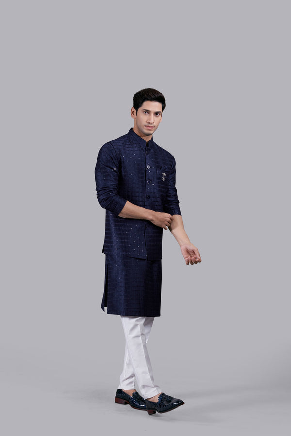 B More NAVY BLUE SILK SEQUENCE WORK BUNDI SET