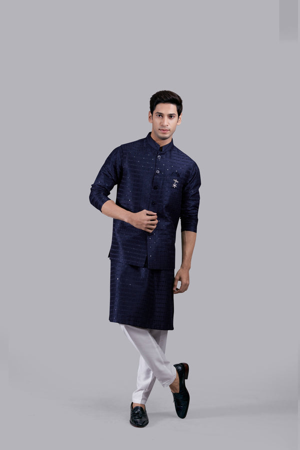 b more NAVY BLUE SILK SEQUENCE WORK BUNDI SET
