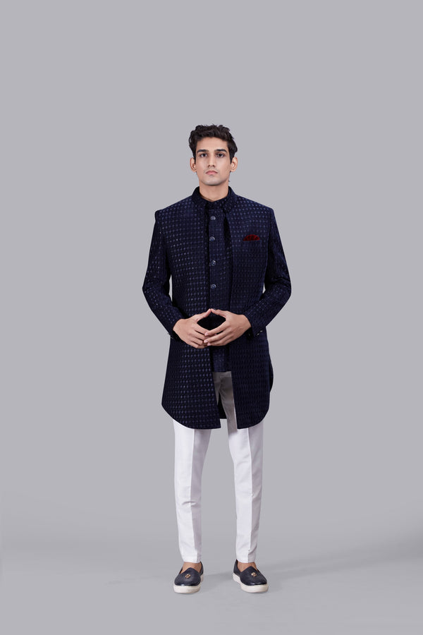 b more NAVY BLUE VELVET THREAD WORK INDOWESTERN