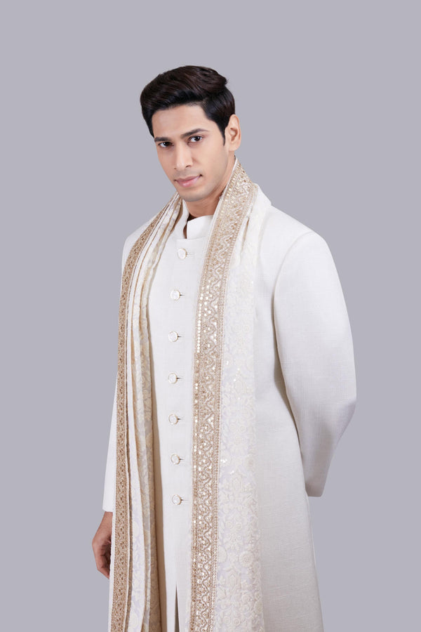 B More OFF WHITE JUTE LUCKNOWI WORK SHERWANI