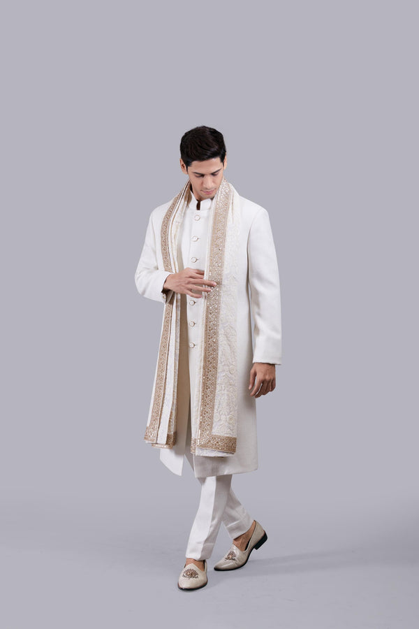 B More OFF WHITE JUTE LUCKNOWI WORK SHERWANI
