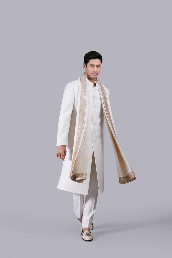 B More OFF WHITE JUTE LUCKNOWI WORK SHERWANI