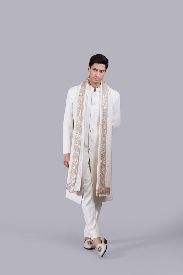 b more OFF WHITE JUTE LUCKNOWI WORK SHERWANI