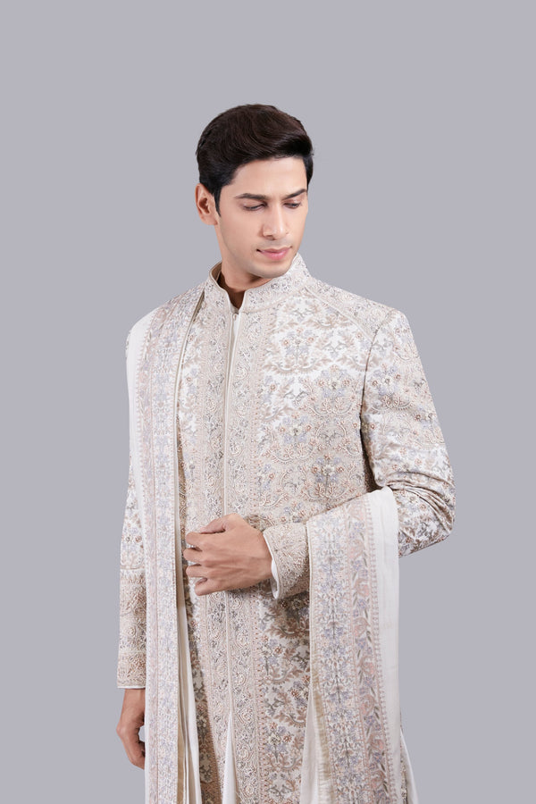 B More OFF WHITE PURE SILK THREAD WORK SHERWANI