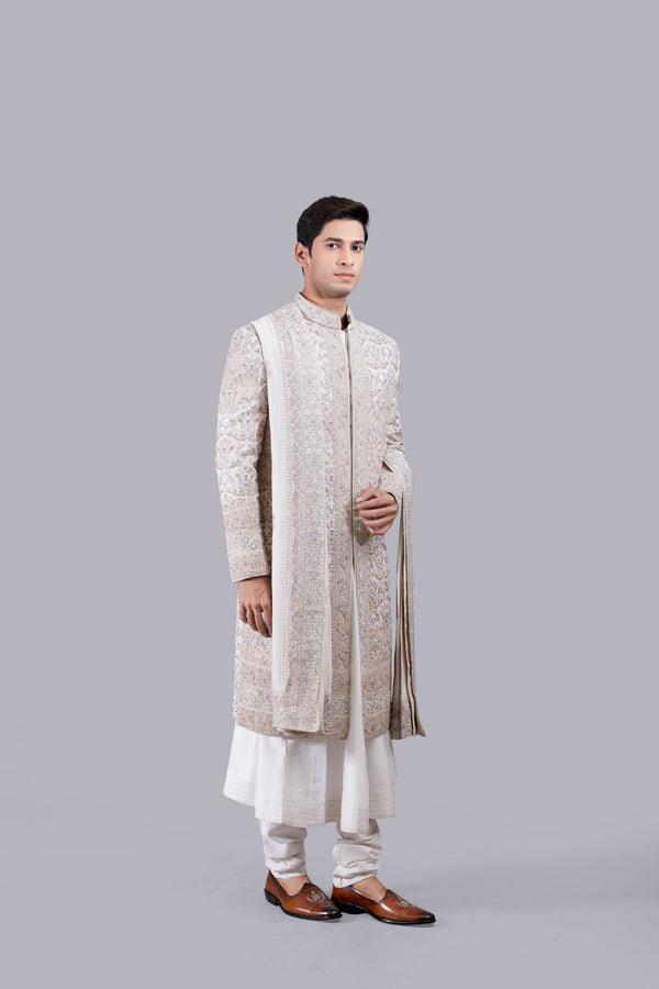 B More OFF WHITE PURE SILK THREAD WORK SHERWANI