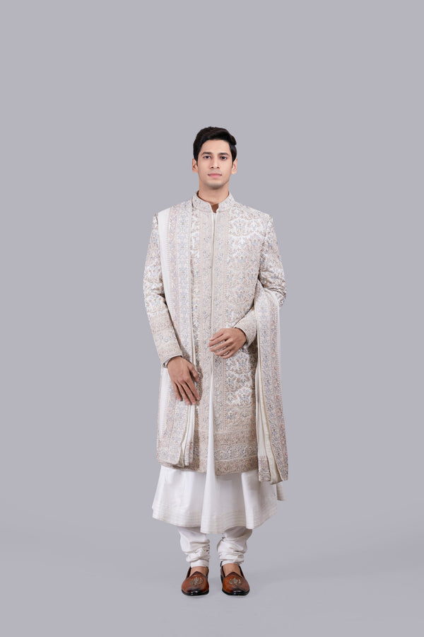 B More OFF WHITE PURE SILK THREAD WORK SHERWANI