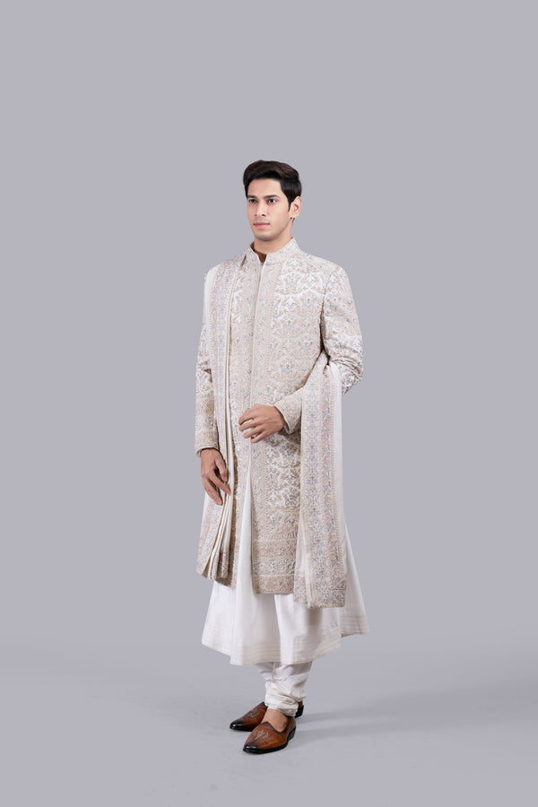 b more OFF WHITE PURE SILK THREAD WORK SHERWANI