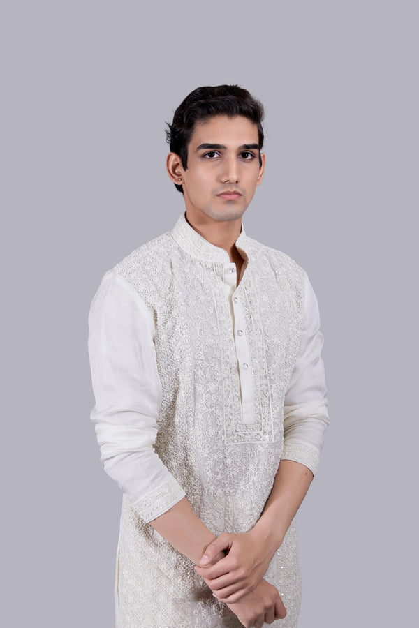 B More OFF WHITE TISSUE SILK PEARL WORK KURTA