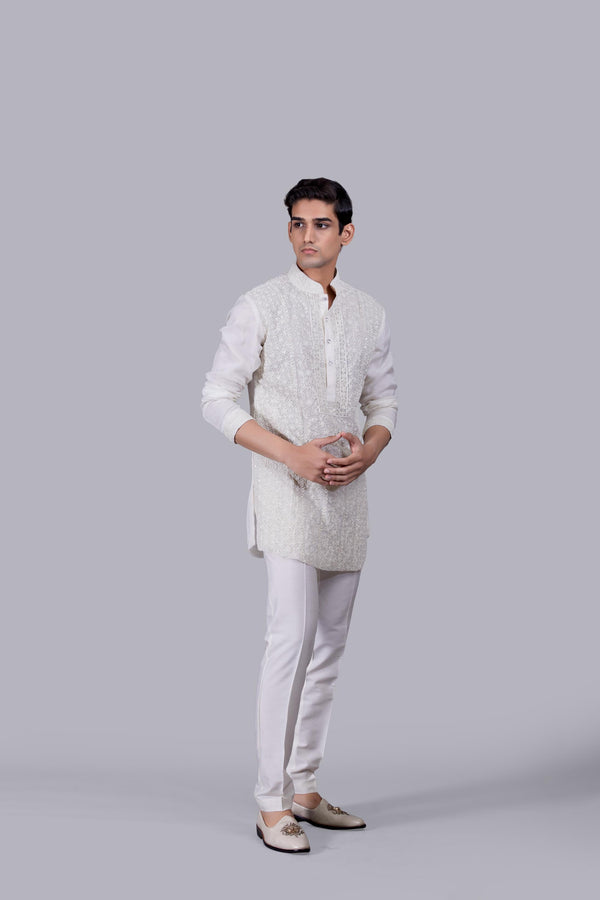 B More OFF WHITE TISSUE SILK PEARL WORK KURTA