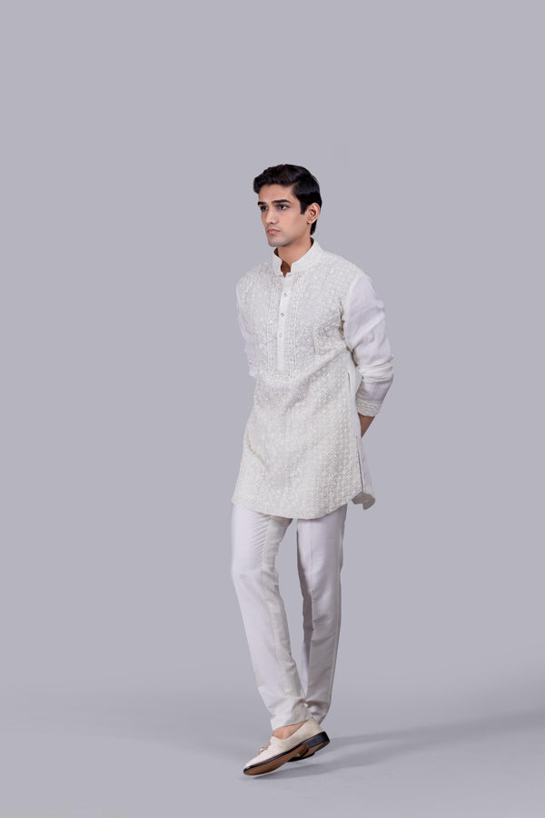 B More OFF WHITE TISSUE SILK PEARL WORK KURTA