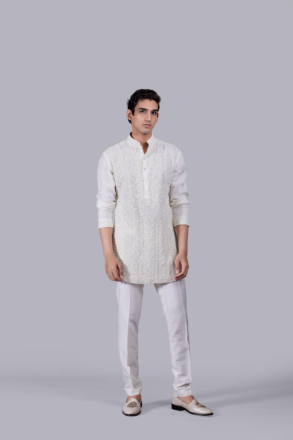 b more OFF WHITE TISSUE SILK PEARL WORK KURTA