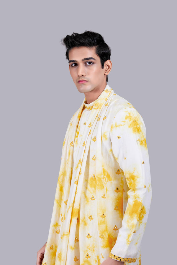 B More Off-White & Yellow Linen Silk Kurta Set