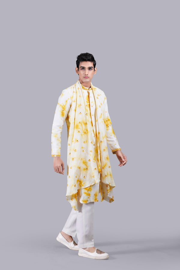 B More Off-White & Yellow Linen Silk Kurta Set