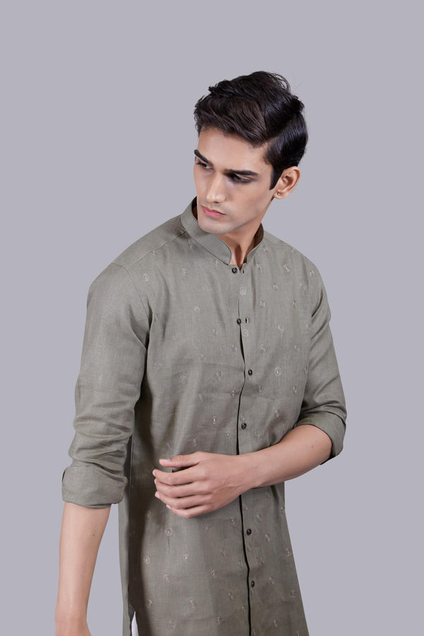 B More OLIVE GREEN LINEN KURTA SET