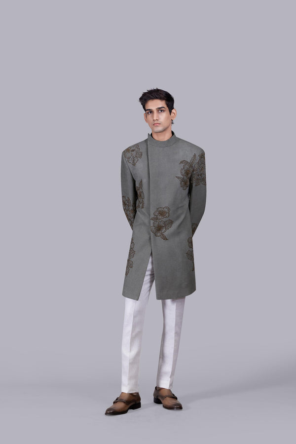 b more OLIVE GREEN SUEDE PEARL WORK INDO WESTERN