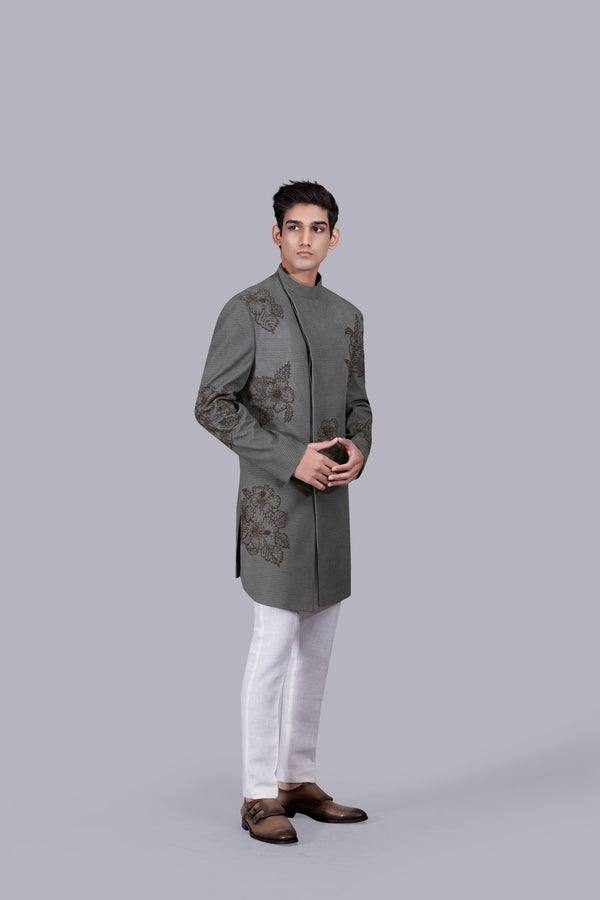 B More OLIVE GREEN SUEDE PEARL WORK INDO WESTERN