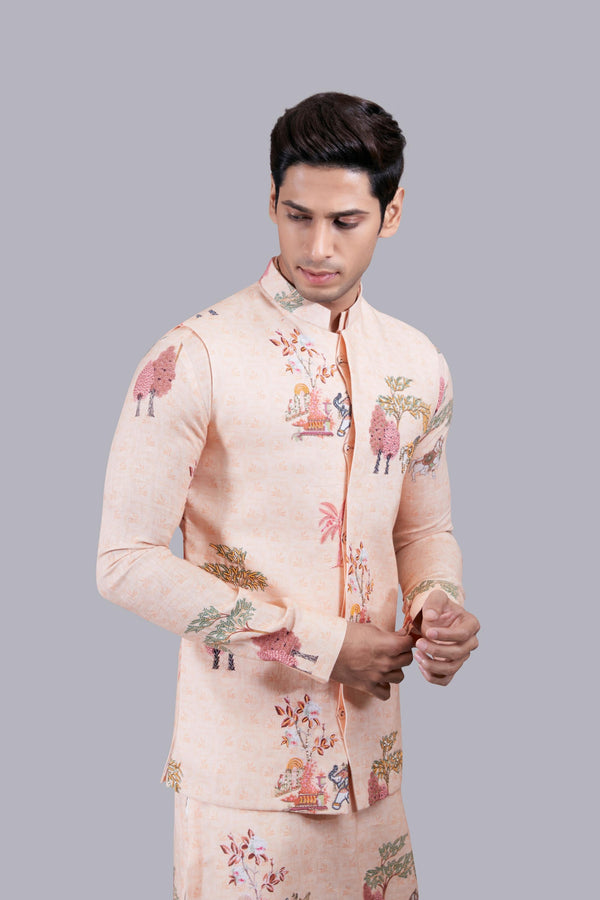 B More PEACH LINEN THREAD WORK BUNDI SET