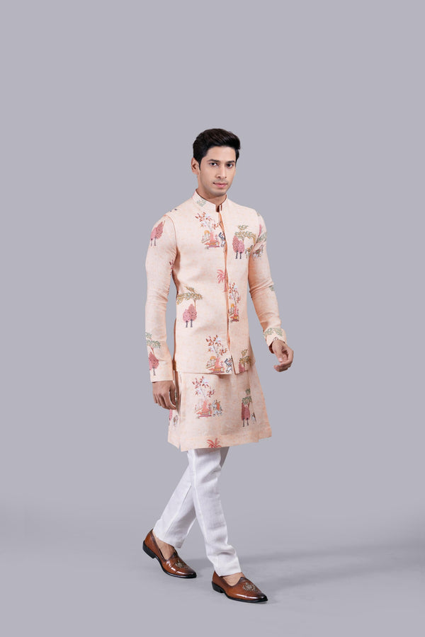 B More PEACH LINEN THREAD WORK BUNDI SET